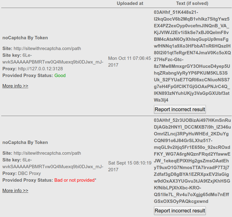 Example screenshot of Provided Proxy Status in Previous Submissions section